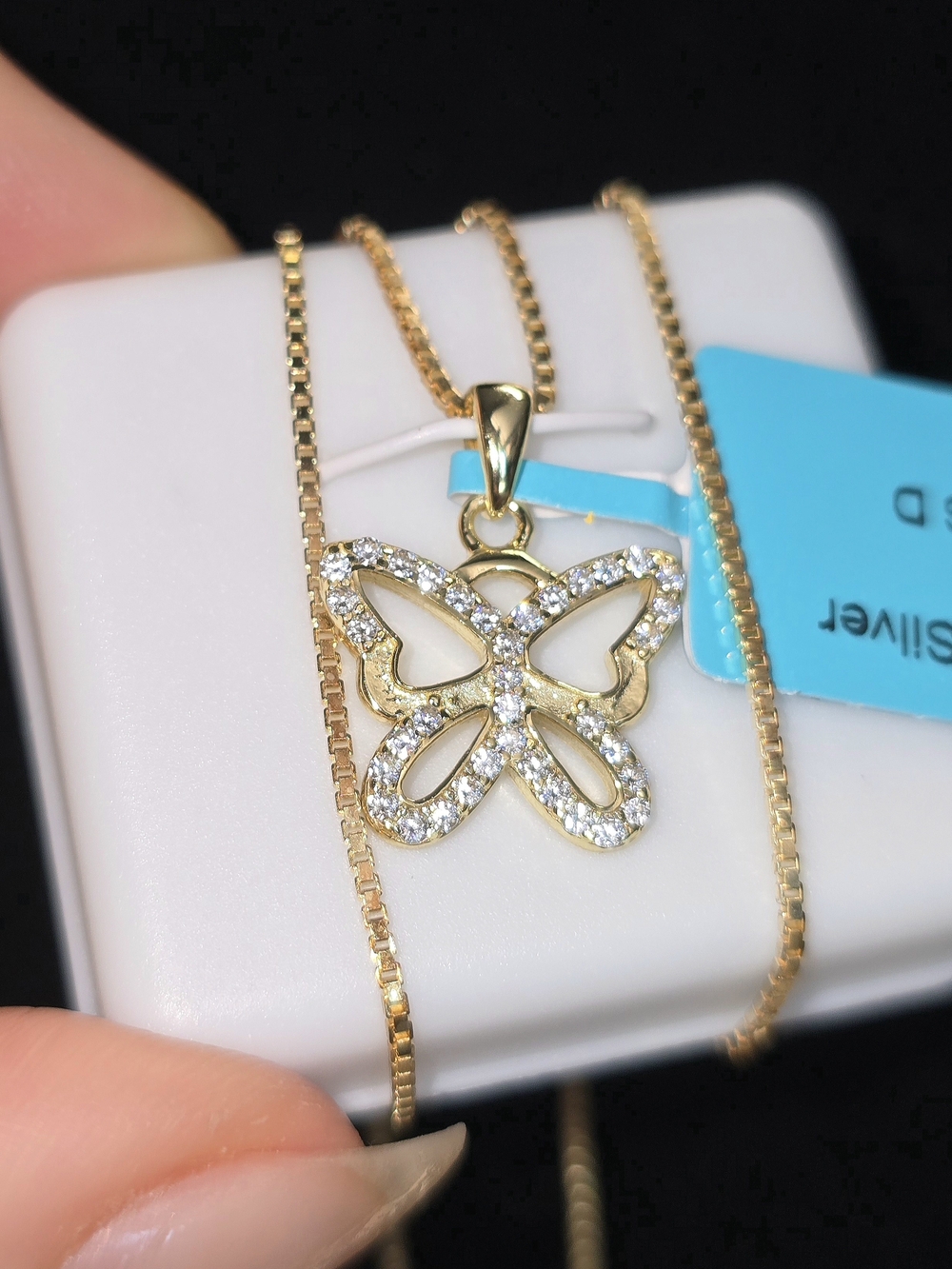 0.31ct Moissanite Butterfly Necklace Gold Plated Sterling Silver 18" Box Chain